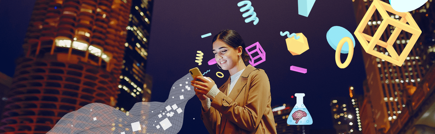 Woman looking at phone with creative shapes floating around