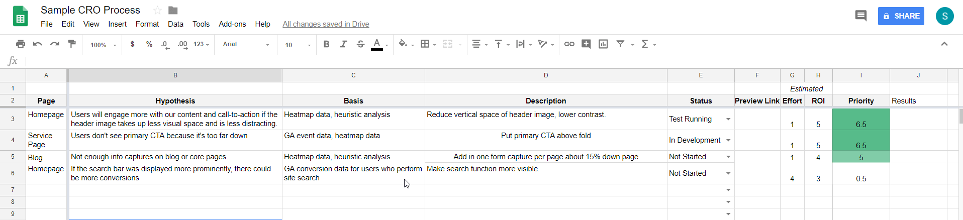 tracking results in a spreadsheet