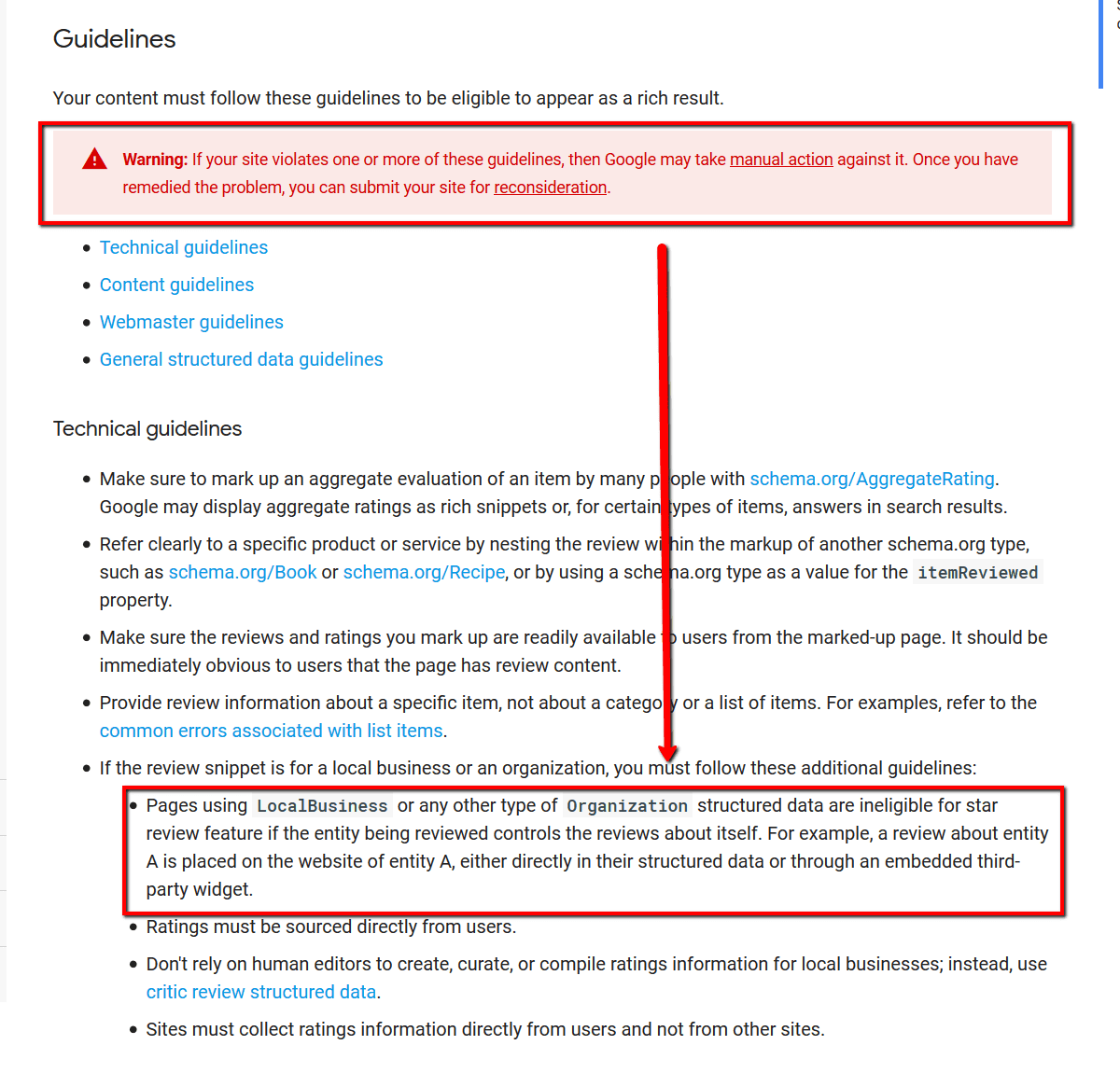 google guidelines warning