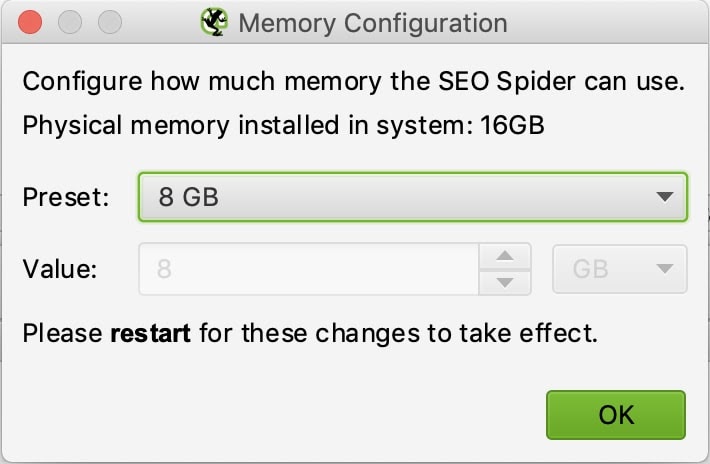 screaming frog memory configuration change