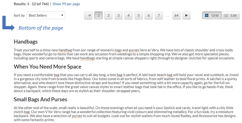 content on category pages
