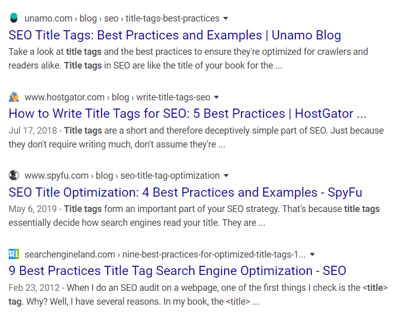 Titles in blue text in search results page.
