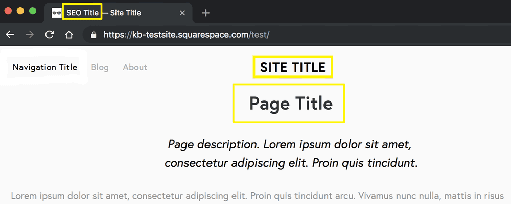 Where titles appear on-page on Squarespace website