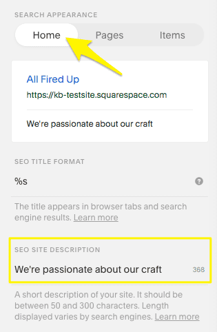 Manually entering SEO site description for Squarespace homepage