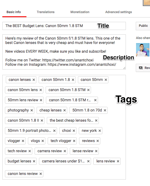 Example of Youtube tags