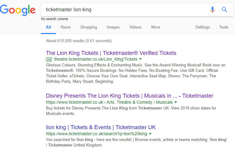 ticketmaster lion king SERP