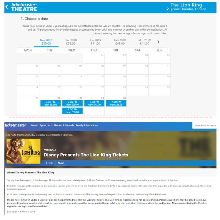 lion king ticketmaster landing page