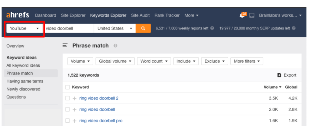 Ahrefs keyword explorer search volumes on youtube for video doorbell