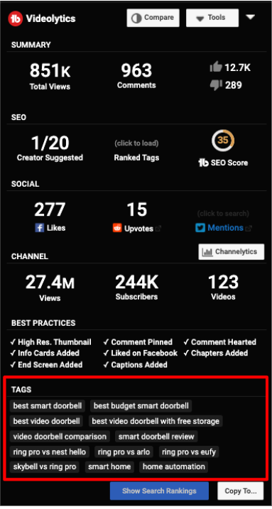 videolytics showing youtube tags for a video