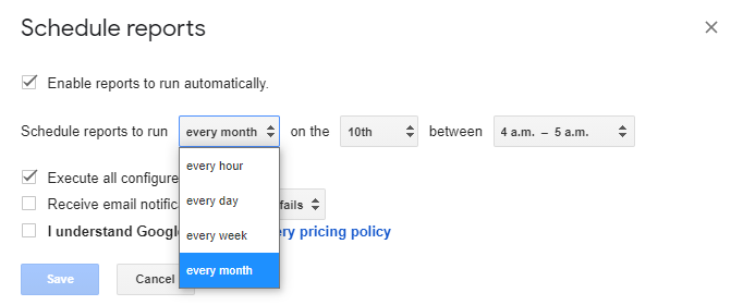 Google Sheets Owox scheduling reports settings