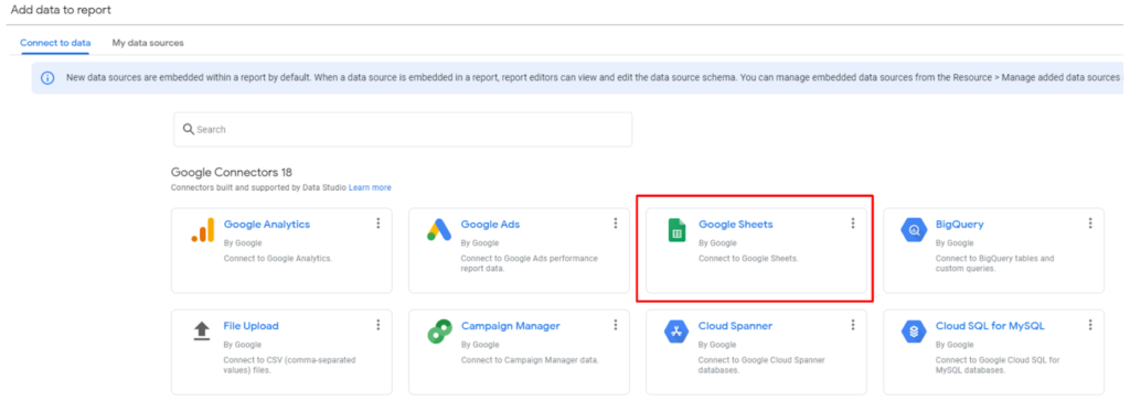 Google Sheet data source connection in Data Studio