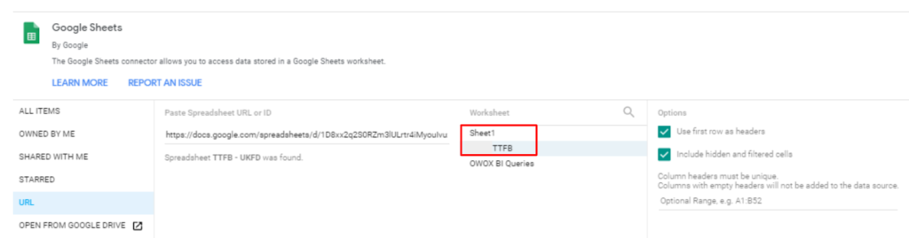 Google Sheet data source connection in Data Studio choose worksheet