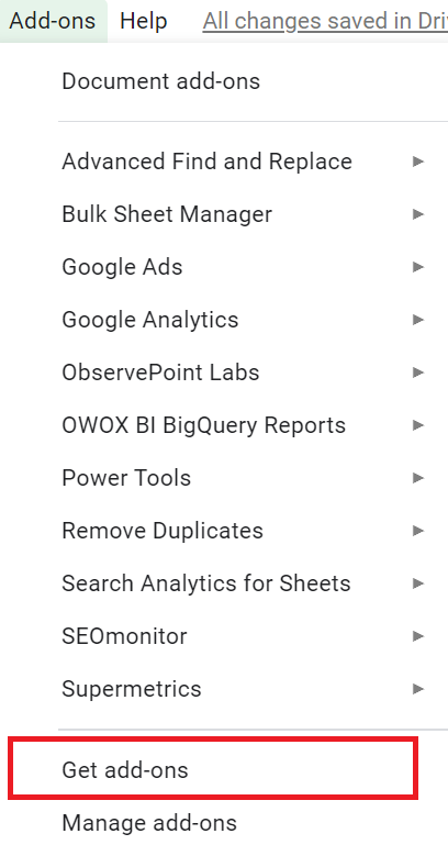 Google Sheets add-ons menu