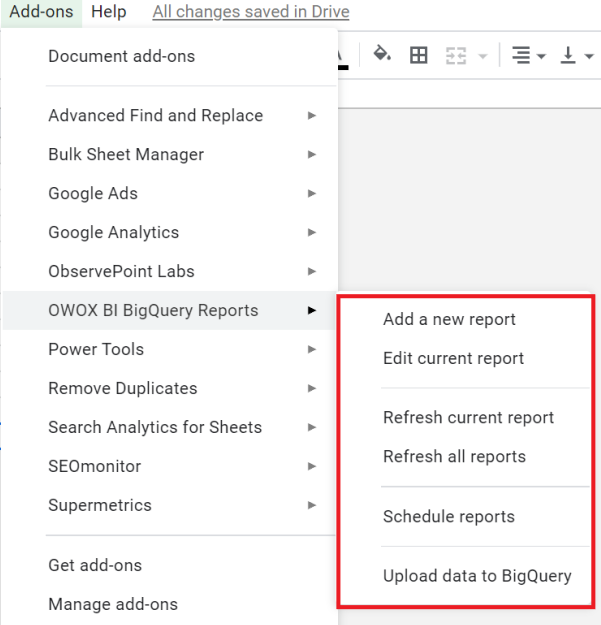 Google Sheets OWOX menu bar